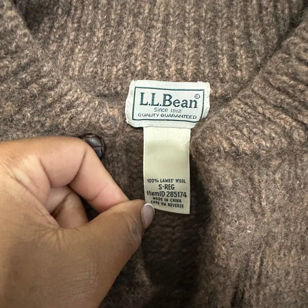 LL Bean Mens Brown 100% Lambswool Mock Neck Button Sweater S-REG 285174